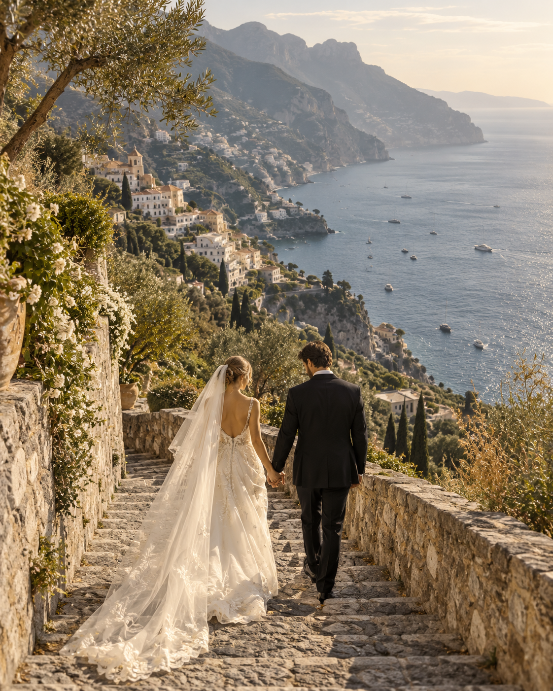 Newlyweds walking down stone steps above the Italian coast.