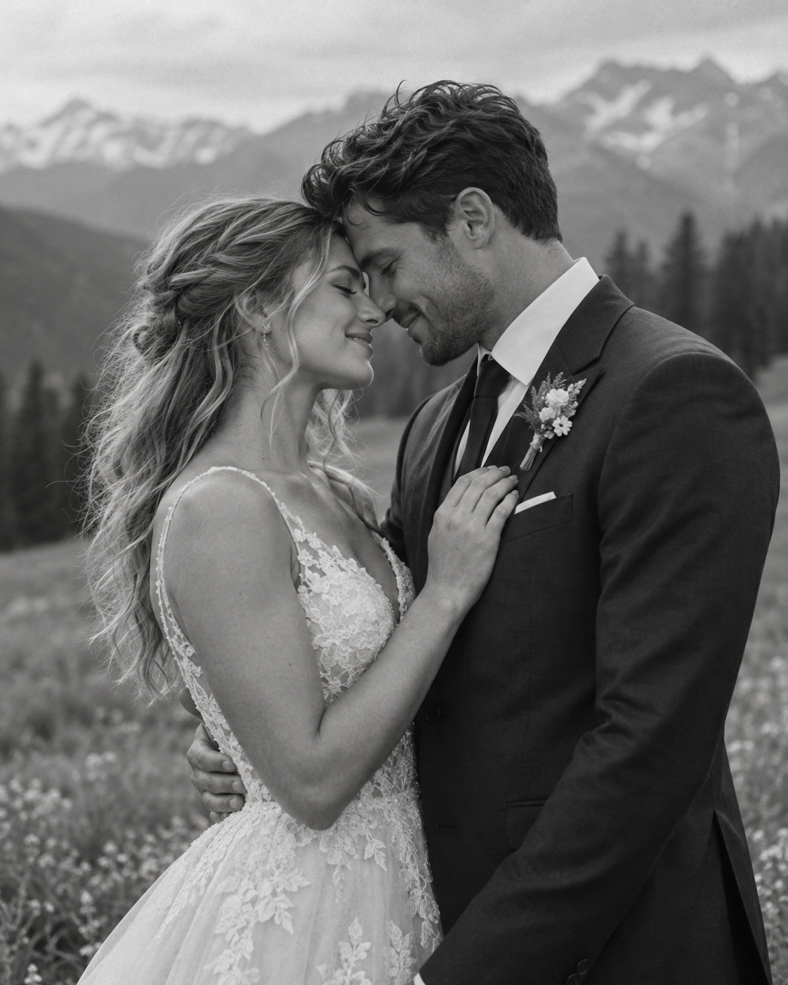Bride and groom embracing in a mountain meadow, photographed in black and white.