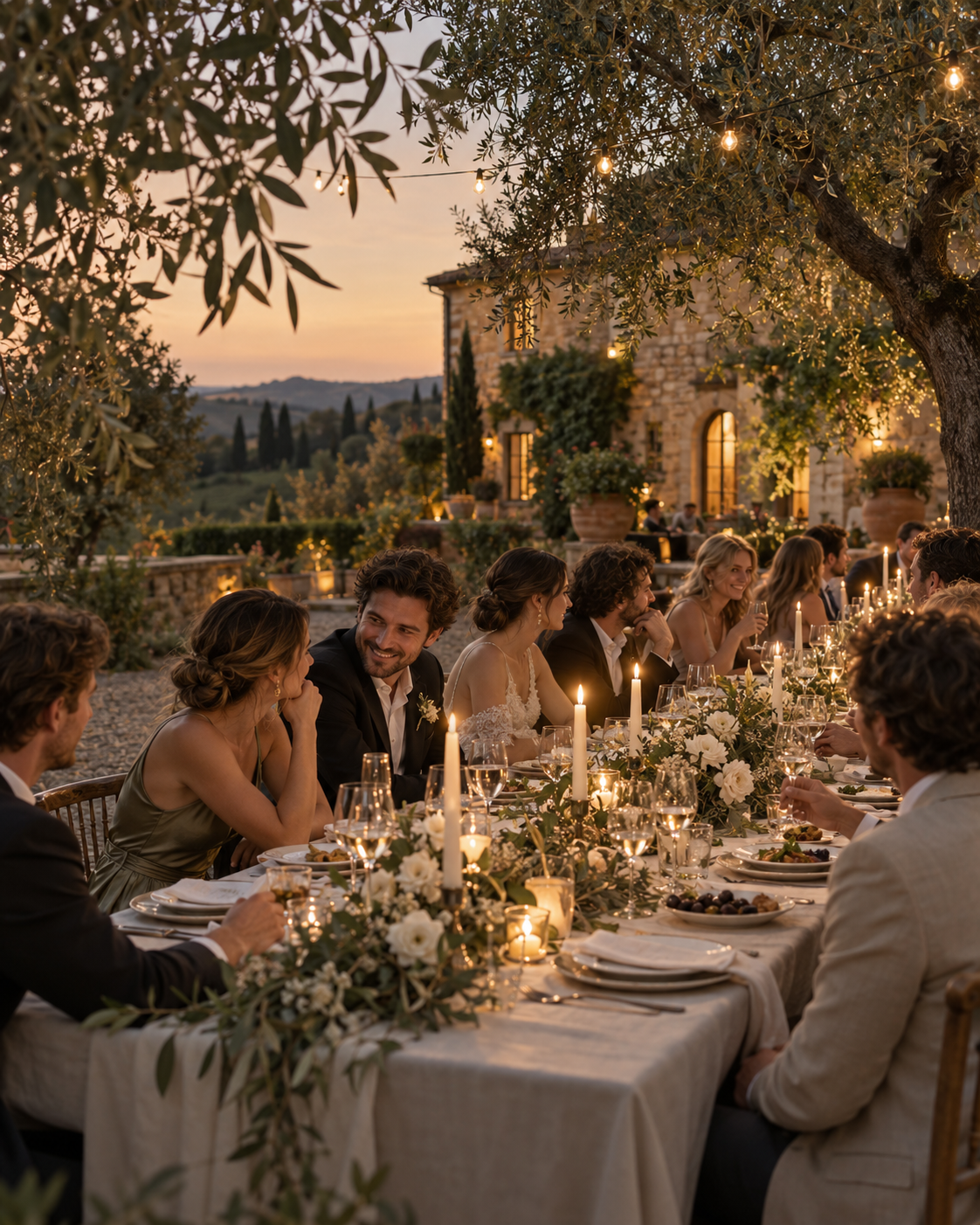 An intimate wedding dinner beneath olive trees at a Tuscan villa.