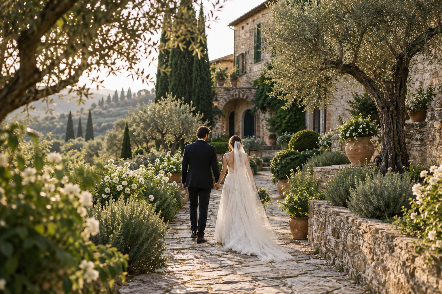 Newlyweds walking through a sunlit Mediterranean garden.