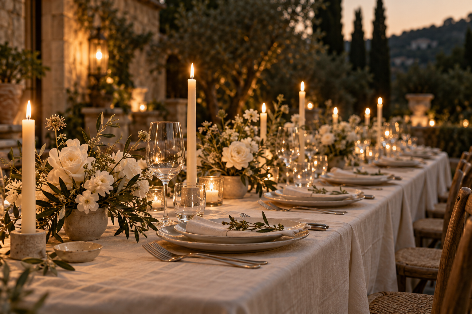 A candlelit wedding table with white flowers, linen and glassware.